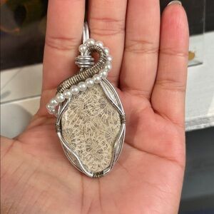 Silver and Cream Wire Wrapped Pendant